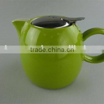 Hot sale stock cheap ceramic colorful round tea pot with stainless steel lid