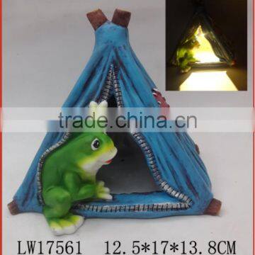 Vivid Green Frog in Blue Tent Solar Gate Light Garden Polyresin Solar Light