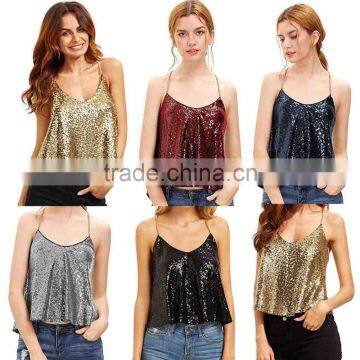 Women's 100% Polyester Deep V Neck Summer Spaghetti Straps Sparkle Tank Vest Sequins Halter Tops For Party Special Occasion