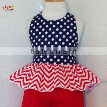 Red White and Blue Polka Dot and Chevrons Ruffled Pant Set Fashion Children Frocks Designs 2016 HSS7861 photo-4