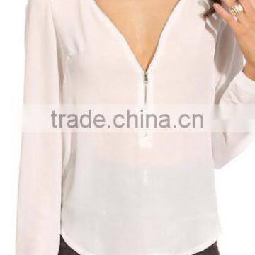 2016 New Fashion Women Autumn Sexy Long Sleeve Zipper Chiffon Blouse