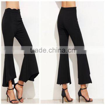 Woman Fashion Black High Waist Asymmetric Flared Bell Bottom Trousers Cutting