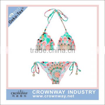 Peacock Sublimation Print Brazilian Young Girl Sexy Thong Bikini With Heart Shape Back