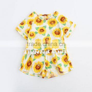 2017 Western Style Girls Sunflowers Printed Clothing Set Backless Tassel T-shirt and Split Shorts photo-2