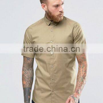 Plus Size Short Sleeve Point Collar Mens Pre-Shrunk 97% Cotton 3% Elastane Breathable Slim Fit Casual Khaki Solid Color Shirts