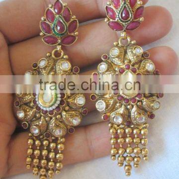 GOLD Plated Polki Kundan Long Necklace EARRING Set photo-4