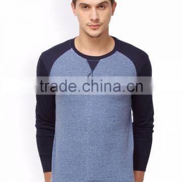 Men Blue Solid Round Neck Gym T-Shirt Waist Length Tee Long Raglan Sleeves Male Cotton Sport Tee Solid Custom Color photo-2