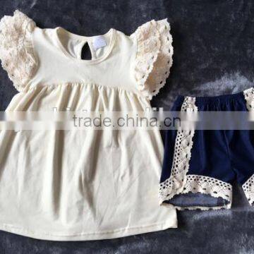 Boya New Arrive Summer Cream Yellow Cotton Lace Flutter Set Girl Clothing Remake Baby Outfits Giggle Moon Girls Sets photo-3