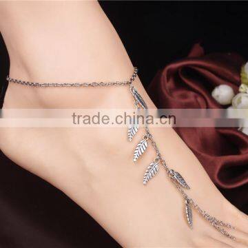 Silver Tone Leaf Tassel Charm Simple Finger Anklet Foot Chain