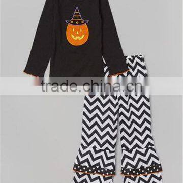 halloween pumpkin embroidery chevron fall cotton top and pant sets