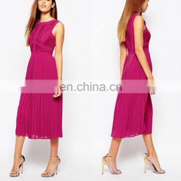 Wholesale Clothing Latest Design Elegant Women Pink Lace Pleated Midi Dress