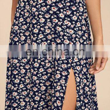 Navy Blue Floral Print Long Maxi Skirt 2017 photo-2