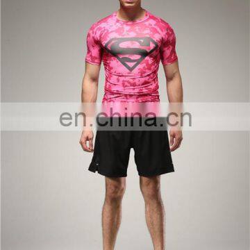 Sexy Pink Super Elastic Gym Fitness Men Compression T-shirts Running Tight Wholesale