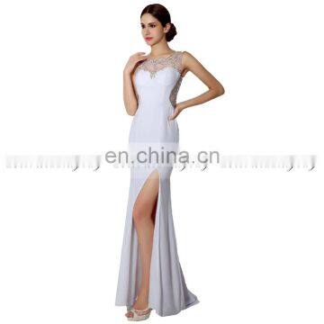 Sexy Side Slit Sheer Strap Fitted And Flaring Crystal Jewel Lycra Crepe Sheath Long Prom Dresses AJ022