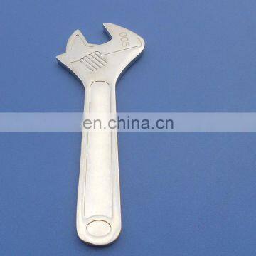 silver logo engraved metal bottle opener in Wrench shape