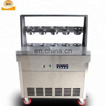 Double pan fry ice cream machine with topping cooling tanks