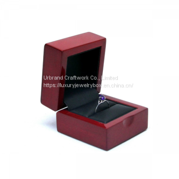 Wooden ring box painting in red glossy, wrapped black PU inside, with screen printing logo