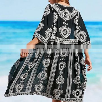 Black Embroidery Cotton Beach Cover up 2019 Saida de Praia Beach kaftan Bathing suit Cover ups Vestidos de Playa Beachwear Tunic