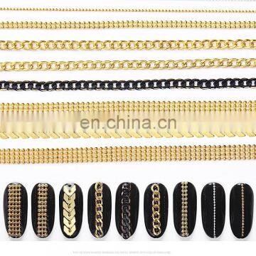 Flat Shape Metal Nail Chain Gold Black Decorations Snake Chain Bone DIY 3D Vintage Nail Art Rhinestones Accessories