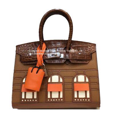 Europe And The United States New Small House Leather Platinum Bag Ladies First Layer Cowhide Handbag Crocodile Pattern Contrast Color Casual Bag photo-2