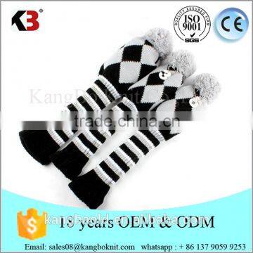 Wholesale golf knitted black and white stripe golf headcover with pom pom