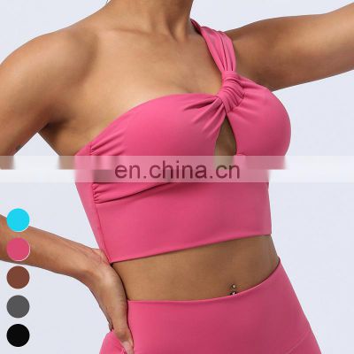 Custom Shockproof Underwear Running Fitness Tank Tops One Shoulder Hollow Out Yoga Bra Sports bra factory For Women With Removable Pads