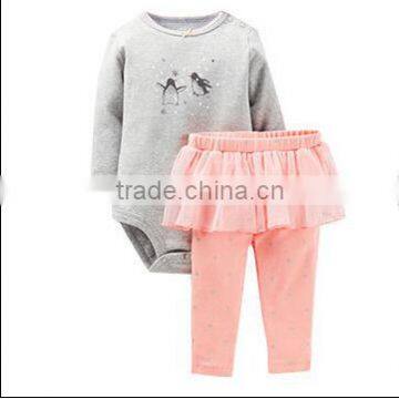 grey 100%cotton single jersey baby bodysuit +skirt-legging baby romper baby 2pcs set