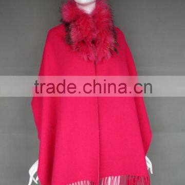 double side cashmere scarf poncho shawl cape with raccoon fur collar