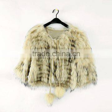 Wholesale High Quality Women Winter Knitted Raccoon Fur Shawl with Round Collar and Fur Balls