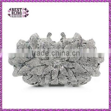 silver flower crystal ladies clutch party bag hard box woman rhinestone shoulder handbag wedding purse (88169A-S)