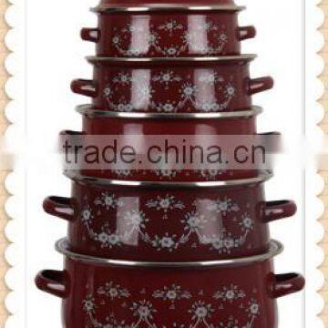 High Quality Pattern Wine Red Enamel Cookong Pot With Double Handle Enamel Cookware Set 5 Pcs Stock Belly Pot With Lid