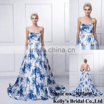 Factory supply custom made new long party colorful white and blue A-line backless off-shoulder top quality evening dress china