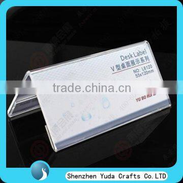 custom V shape table top acrylic desk label cheap with printed logo