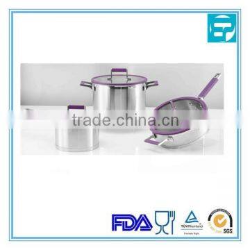 9pcs wholesale stainless steel cookware set with purple silicone handle impacting bonding