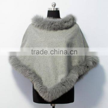 wholesale fashion cashmere cape with fox fur trim 201601