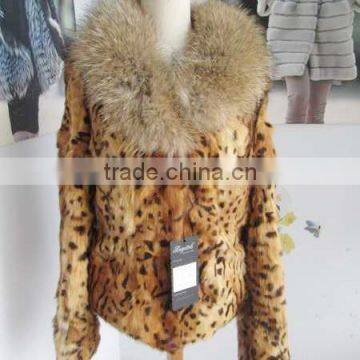 High quality leopard design rabbit fur coat with raccoon fur collar