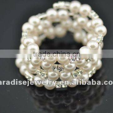 4 row pearl and rhinestone graduated wraparound coil bracelet-BRW060423