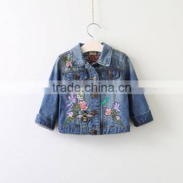 2017 High quality Girls trench coat kids denim embroidered jacket