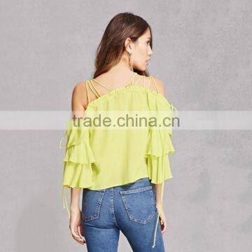 HAODUOYI Soild Yellow Women Blouse Lace-up Double Ruffles Off Shoulder Female Shirts Backless Short Sleeve Top for Wholesale photo-2