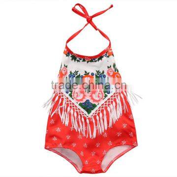 S33620W Hot Cotton Floral Print Baby Girl Romper Summer Tassels Romper photo-4