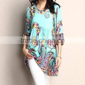 2016 New Women Tops With Aqua & Red Swirl Empire-Waist Tunic Women Blouse Women Clothing GD90426-34