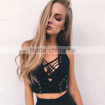 Sleeveless Slim Sexy Deep V Tie Webbing Tank Top Girls photo-3