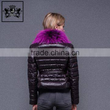 Classic Women's Shiny Short Colorful Raccoon Fur Collar Fashion Black Down Jacket