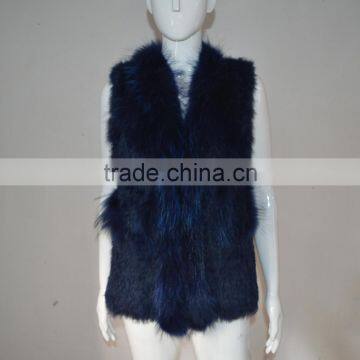 SJ324-01 Woman Apparel Winter Raccoon Trim Dark Blue Rabbit Vest