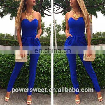Women Rompers Jumpsuit Sexy Blue Pockets Slim Pants Bodysuit Sleeveless Jumpsuits Plus Size S-XXL