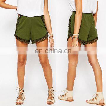 Women wholesale boutique tassel trim stretch waist vintage shorts