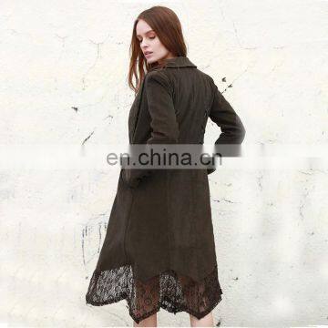 Fashion Lapel Design Khaki Lace Spliced Long Women Trench Coat photo-3
