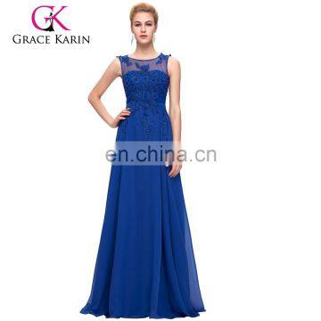 Grace Karin Plus Size Sleeveless V-Back Blue Chiffon Evening Dress for Fat Women CL007555-6