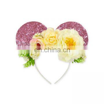 Gilr Sequin Minnie Ear Floral Headbands Flower Crown Kids Hair Accessories