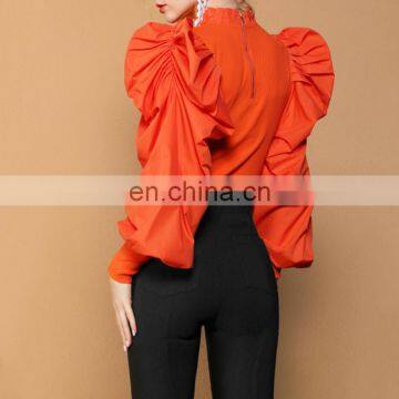 TWOTWINSTYLE Patchwork Hollow Out Shirt For Women Stand Collar Puff Sleeve Casual Black photo-4